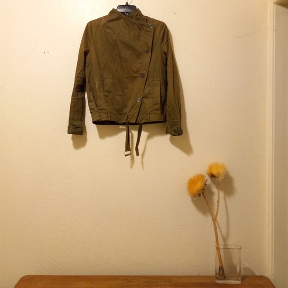 Olive Cotton Asymmetric Button Front Jacket